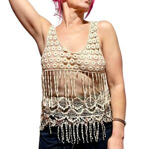 Boho Beige Crochet Open Knit Fringe Tank Top Small